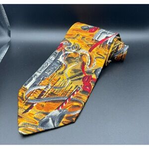 Ermenegildo Zegna 100% Silk Neck Tie Orange Gray Building Masks Party Marti Gras